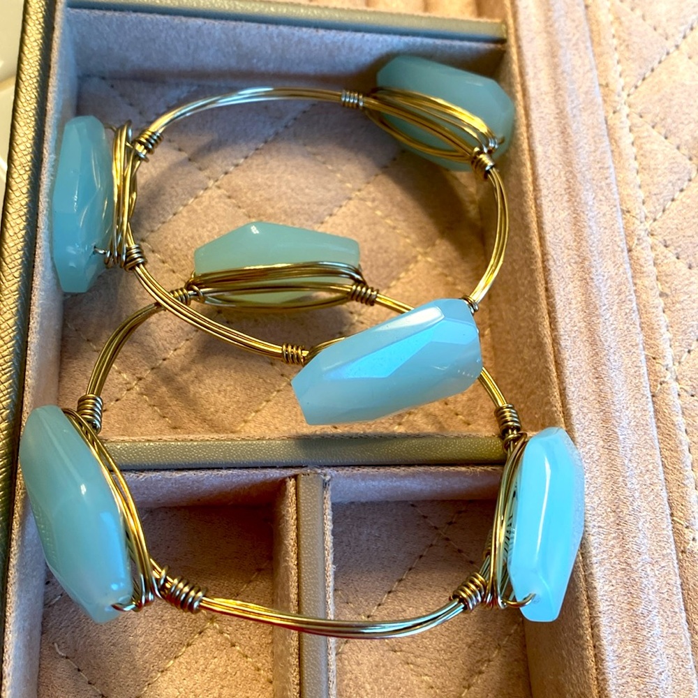 2 Gold with Green Stones Bangle Bracelets